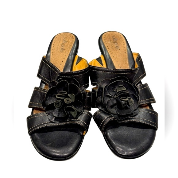 Softspots Flower Black Leather Slip On Mule Heel Wedge Sandal Size 8 - Picture 1 of 6